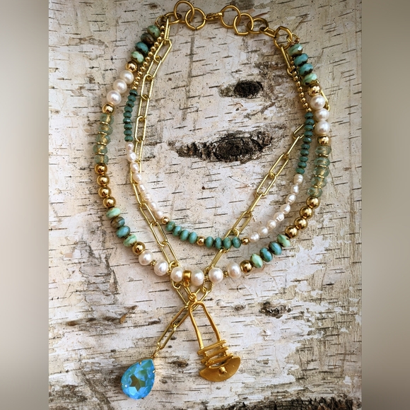Blue Mint Czech Glass Beads & Pearls In 3 Layered Statement Paperclip Necklace - Picture 8 of 12
